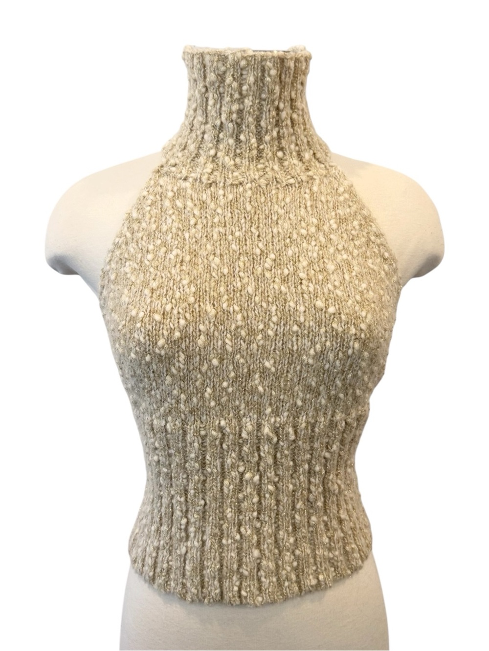 EXPRESS Wool Blend Cream Metallic Gold Knit Vintage Holiday Halter Sweater Top M - Picture 11 of 15